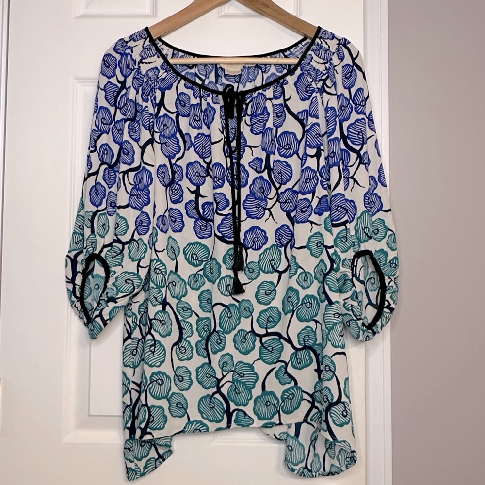 Vanessa and Virginia for Anthropologie teal and blue pattern blouse